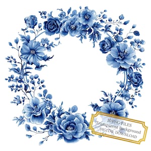 Blauwe chinoiserie bloem krans clipart bundel-10 hoge kwaliteit aquarel png's-bloem ambacht, journaling, scrapbook levering, digitale download
