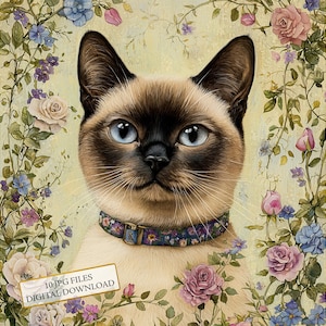 Siamesische Katze Porträt mit Blumen Clipart Bundle - 10 hochwertige Aquarell JPGs - Handwerk, Journaling, Scrapbook Versorgung, digitaler Download