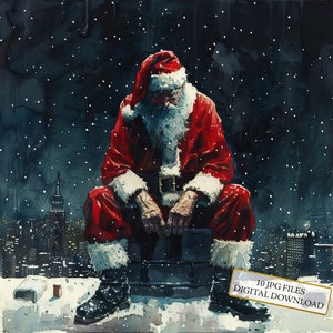 Pacote de clipart de Papai Noel cansado sentado no telhado à noite - 10 JPGs de aquarela de alta qualidade - Natal, diário, download digital de álbum de recortes