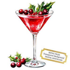 Pacchetto di clipart di Martini di Natale - 10 PNG ad acquerello di alta qualità - Cocktail, diario, forniture per album, download digitale