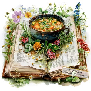 Soupe végétarienne avec livre de recettes et fleurs sauvages Clipart Bundle-10 haute qualité aquarelle JPGs-cuisine journalisation Scrapbooking en téléchargement numérique