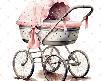 Vintage Pink Baby Stroller PNG Clipart Bundle- Digital Download