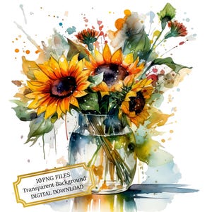 Vaso de Girassóis - Pacote de Cliparts - 10 PNGs de Aquarela de Alta Qualidade - Verão, Arte para Jardim e Casa, Diário, Suprimentos para Scrapbook, Download Digital