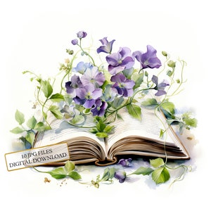 Fleurs qui poussent à partir d'un ensemble de cliparts à livre ouvert - 10 JPG aquarelles de haute qualité - créations artisanales, journalisation, fourniture de scrapbooking, téléchargement numérique
