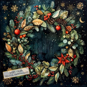 Couronne de Noël scandinave Clipart Bundle - 10 JPG aquarelles de haute qualité - vacances d'hiver, journalisation fournitures de scrapbooking en téléchargement numérique