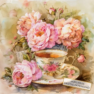 Pacote de clipart de xícara de chá Shabby Chic com rosas cor-de-rosa - 10 JPGs de aquarela de alta qualidade - Cozinha, diário, scrapbooking, download digital