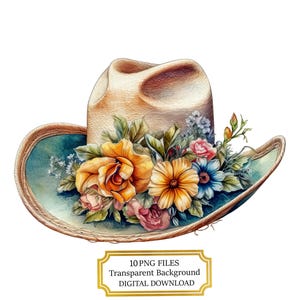 Pacchetto di clipart con cappello da cowboy e fiori - 10 PNG acquerellati di alta qualità - Arte western, journaling, album, download digitale