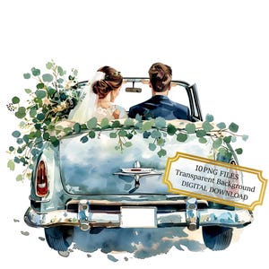Noivos em um pacote de clipart de carro de casamento recém-casados - 10 PNGs de aquarela de alta qualidade - Artesanato, Diário, Álbum de recortes, Download digital