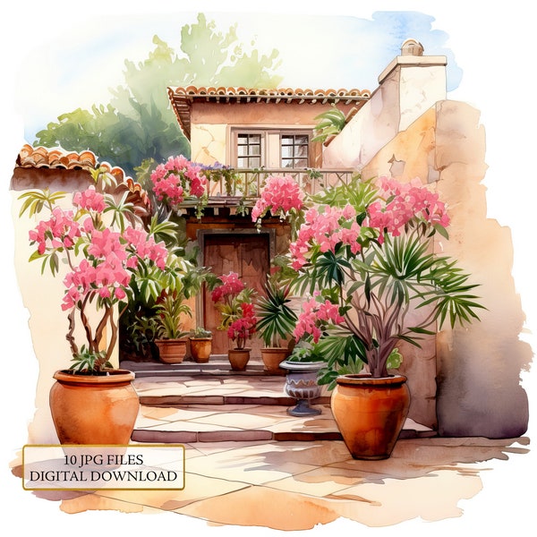 Mediterranean Garden with Oleander Clipart Bundle- 10 High Quality Watercolor JPGs- Crafting, Junk Journaling, Scrapbook, Digital Download