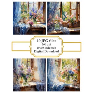 Paquete de imágenes prediseñadas JPG de cortinas y flores con luz natural (descarga digital)