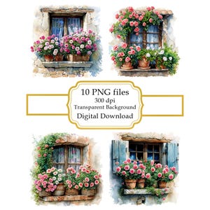 Paquete de imágenes prediseñadas PNG de una ventana de casa de campo con claveles en maceta - Descarga digital