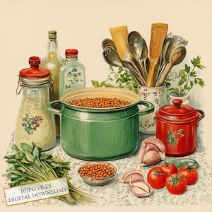 Retro One Pot Lentil Soup Cooking Clipart Bundle - 10 JPGs de aquarela de alta qualidade - artesanato de cozinha, diário, scrapbooking, download digital