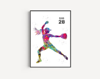 Female Softball Player, Personalized Name and Number, Sport, Watercolor Art Gift, Printable Poster