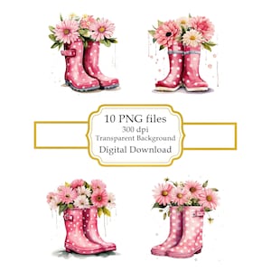 Bottes de pluie roses à pois avec fleurs PNG Clipart Bundle - téléchargement numérique