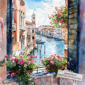 Vista di Venezia da un balcone floreale rosa Clipart Bundle - 10 JPG acquerelli di alta qualità - Journaling, Scrapbooking, Download digitale