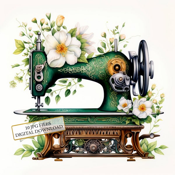 Antique Green Floral Sewing Machine Clipart Bundle- 10 High Quality Watercolor JPGs- Crafting, Junk Journaling, Scrapbook, Digital Download