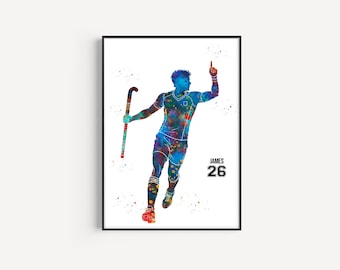 Male Field Hockey Player, Personalized Name and Number, Sport, Watercolor Art Gift, Printable Poster