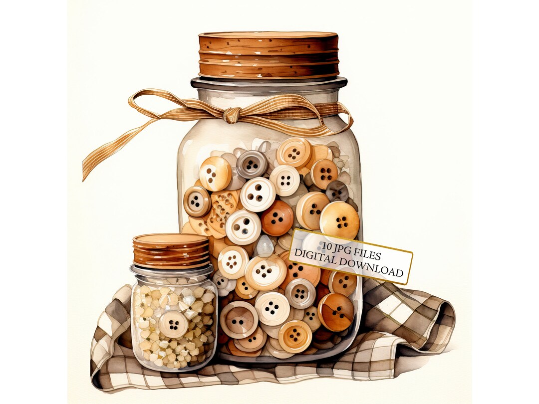 Vintage Jar of Sewing Buttons Clipart Bundle 10 High Quality Watercolor