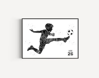 Little Boy Soccer Player, Personalized Name and Number, Sport, Watercolor Art Gift, Printable Poster