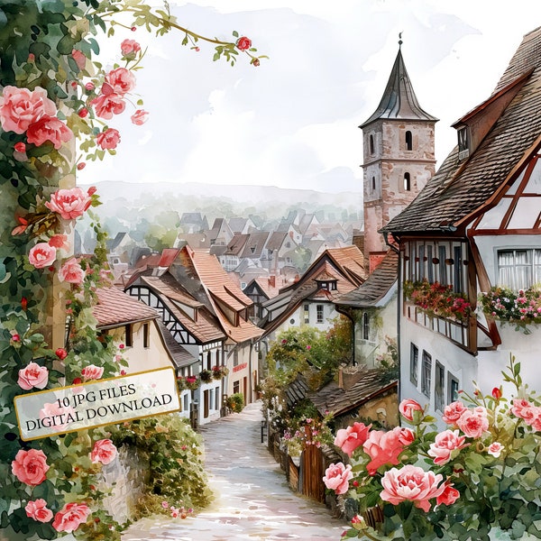 Old German Village Overgrown with Flowers Clipart Bundle- 10 High Quality Watercolor JPGs- Craft, Journaling, Scrapbook, Digital Download