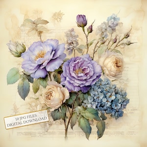 Paquete de imágenes prediseñadas de rosas y letras vintage: 10 archivos JPG de acuarela de alta calidad. Ideal para decoupage, diario, scrapbooking y descarga digital.