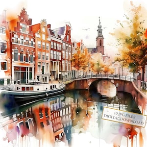 Amsterdam landschap clipart bundel-10 hoge kwaliteit aquarel jpg's-crafting, journaling, scrapbook levering, digitale download