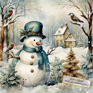 Pacote de clipart de boneco de neve vintage Shabby Chic - 10 JPGs de aquarela de alta qualidade - Natal, artesanato, suprimentos para scrapbook, download digital