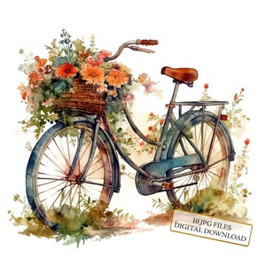 Fiets met bloemenmand clipartbundel-10 hoge kwaliteit aquarel jpg's-crafting, journaling, scrapbook levering, digitale download