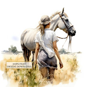 Meisje wandelen met haar paard in een veld clipartbundel-10 hoge kwaliteit aquarel jpgs-journaling, scrapbook levering, digitale download