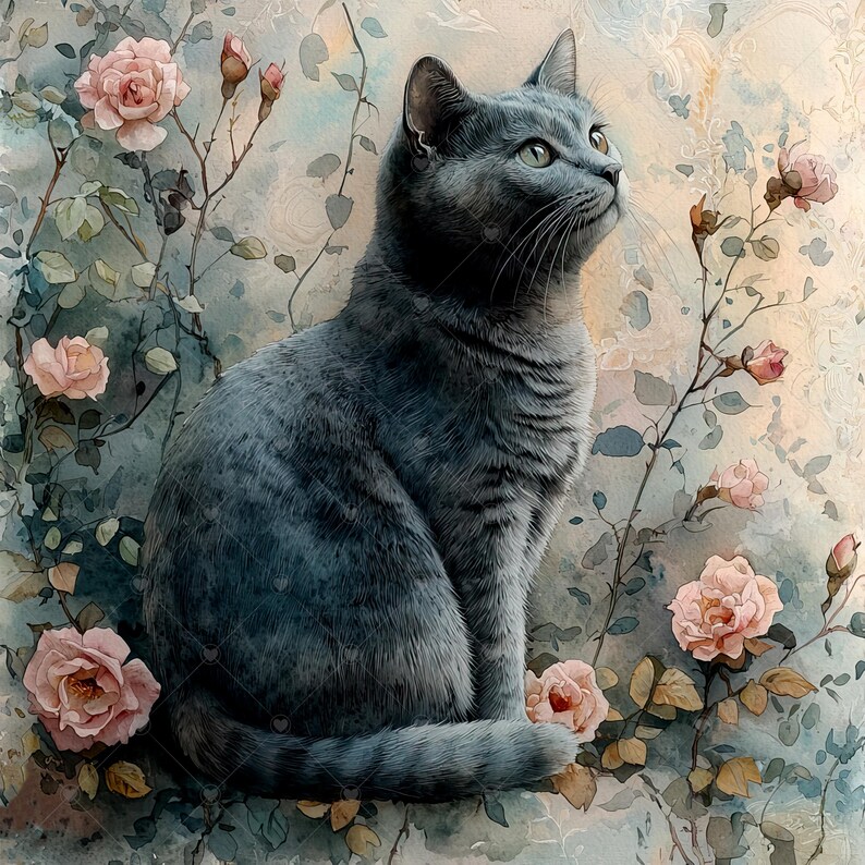 May include: A gray cat with green eyes sits in a garden with pink flowers and green leaves. The cat is looking up and to the right. The background is a light blue and white watercolor wash.