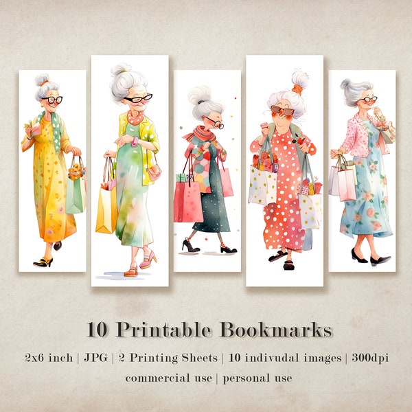 10 Stylish Granny Shopping Printable Bookmark Sheets, 10 JPG Bookmarks size 2x6, Sublimation, Bookmark Set, Digital Download
