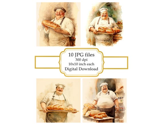 viictorian baker c lip art Fat Baker Baking Baguettes and Bread JPG Clipart Bundle- Digital Download