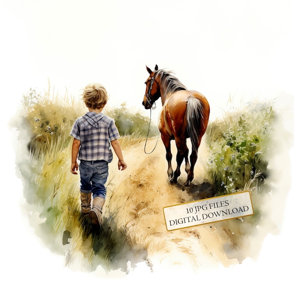 Little Boy walking with his Horse in a Field Clipart Bundle- 10 High Quality Watercolor JPGs-Journaling, Scrapbook Supply, Digital Download