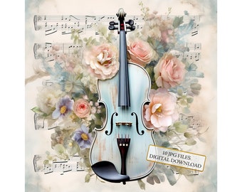 Shabby Chic Floral Violin on Music Sheet Clipart Bundle- 10 High Quality Watercolor JPGs- Music Art, Scrapbook Supply, Digital Download