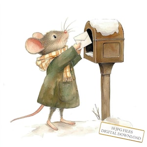 Adorable ratón enviando carta en invierno - Paquete de imágenes prediseñadas - 10 JPG de acuarela de alta calidad - Para diario, scrapbooking y descarga digital