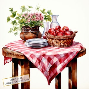Pacote de clipart de mesa de madeira country - 10 JPGs de aquarela de alta qualidade - Campo, artesanato, diário, álbum de recortes, download digital