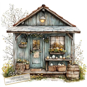 Paquete de imágenes prediseñadas de porche rural de primavera con huevos: 10 imágenes en acuarela de alta calidad (JPG) para Pascua, diario, scrapbooking y descarga digital.
