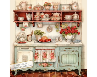 Shabby Chic Retro Kitchen JPG Clipart Bundle- Digital Download