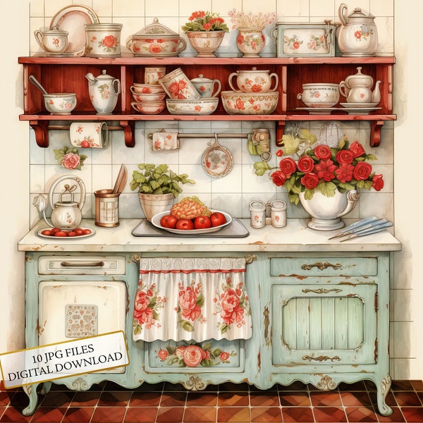 Shabby Chic Retro Kitchen Clipart Bundle- 10 High Quality Watercolor JPGs- Rustic Home, Crafting, Journaling, Scrapbook, Digital Download