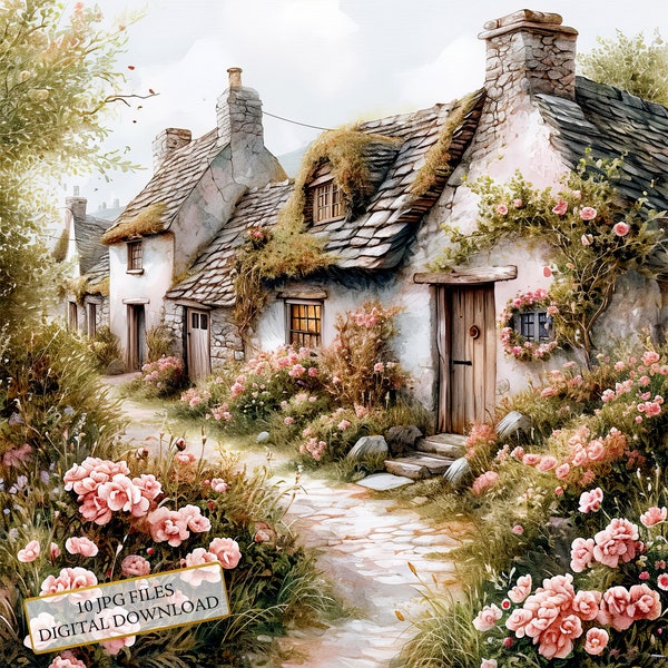 Old Irish Village Overgrown with Flowers Clipart Bundle- 10 High Quality Watercolor JPGs- Craft, Journaling, Scrapbook, Digital Download