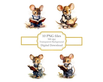 Little Mouse Student Reading a Book PNG Clipart Bundle- Digital Download