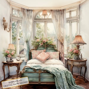 Shabby chique slaapkamer clipartbundel-10 hoge kwaliteit aquarel JPGs-Cosy Home Art, journaling, scrapbook, digitale download
