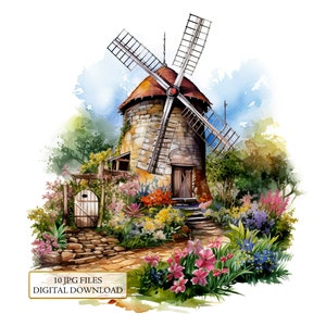 Vieux moulin à vent de cottage sur la ferme de fleurs Clipart Bundle-10 JPG aquarelles de haute qualité-artisanat, journalisation, fourniture de scrapbooking, téléchargement numérique