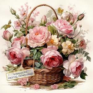 Pacote de clipart de cesta de rosas selvagens Shabby Chic - 10 JPGs de aquarela de alta qualidade - artesanato, diário, suprimentos para scrapbook, download digital