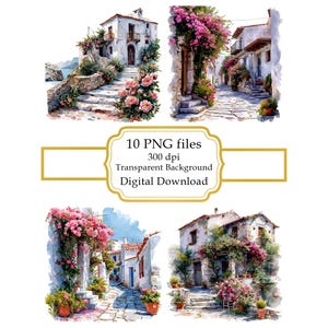Old Greek Village Overgrown with Flowers PNG Clipart Bundle- Digital Download