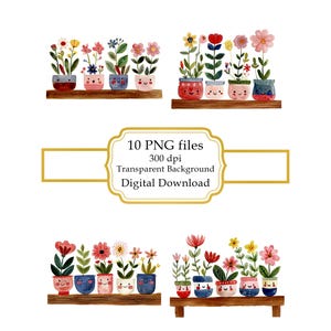 Adorable Smiling Flower Pots PNG Clipart Bundle- Digital Download