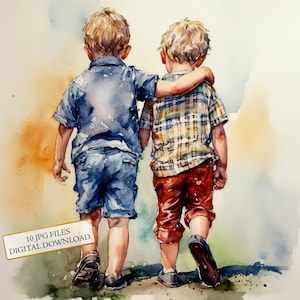 Little Boy beste vrienden clipartbundel-10 hoge kwaliteit aquarel jpgs-vriendschapskunst, journaling, scrapbook levering, digitale download