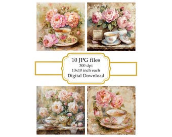 Shabby chic kopp te med rosa rosor JPG Clipart-paket - digital nedladdning