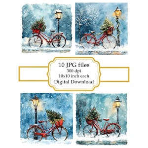 Red Bicycle with Tiny Christmas Tree JPG Clipart Bundle- Digital Download