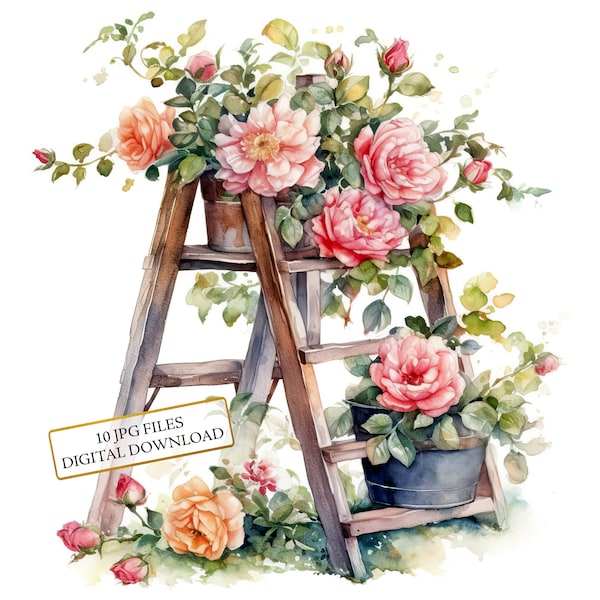 Wooden Step Ladder with Pink Roses Clipart Bundle- 10 High Quality Watercolor JPGs- Crafting, Junk Journaling, Scrapbook, Digital Download